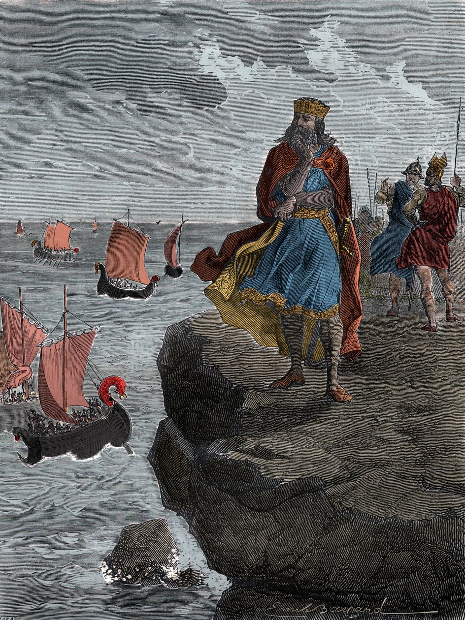 Císař Karel Veliký (Carlo Magno) sleduje příjezd normanských lodí - Král Karel Veliký (742/747-814), král Franků, shlíží na plavidla plná útočících Norů od Unknown artist