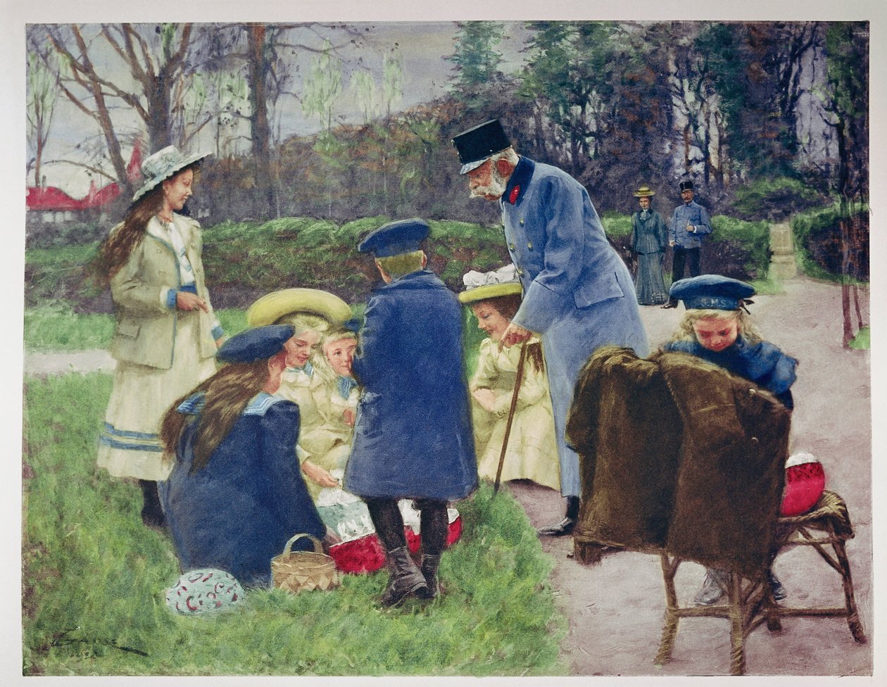Císař František Josef pozoruje svou vnučku v parku své vily v hornorakouském Ischlu. od Unknown artist