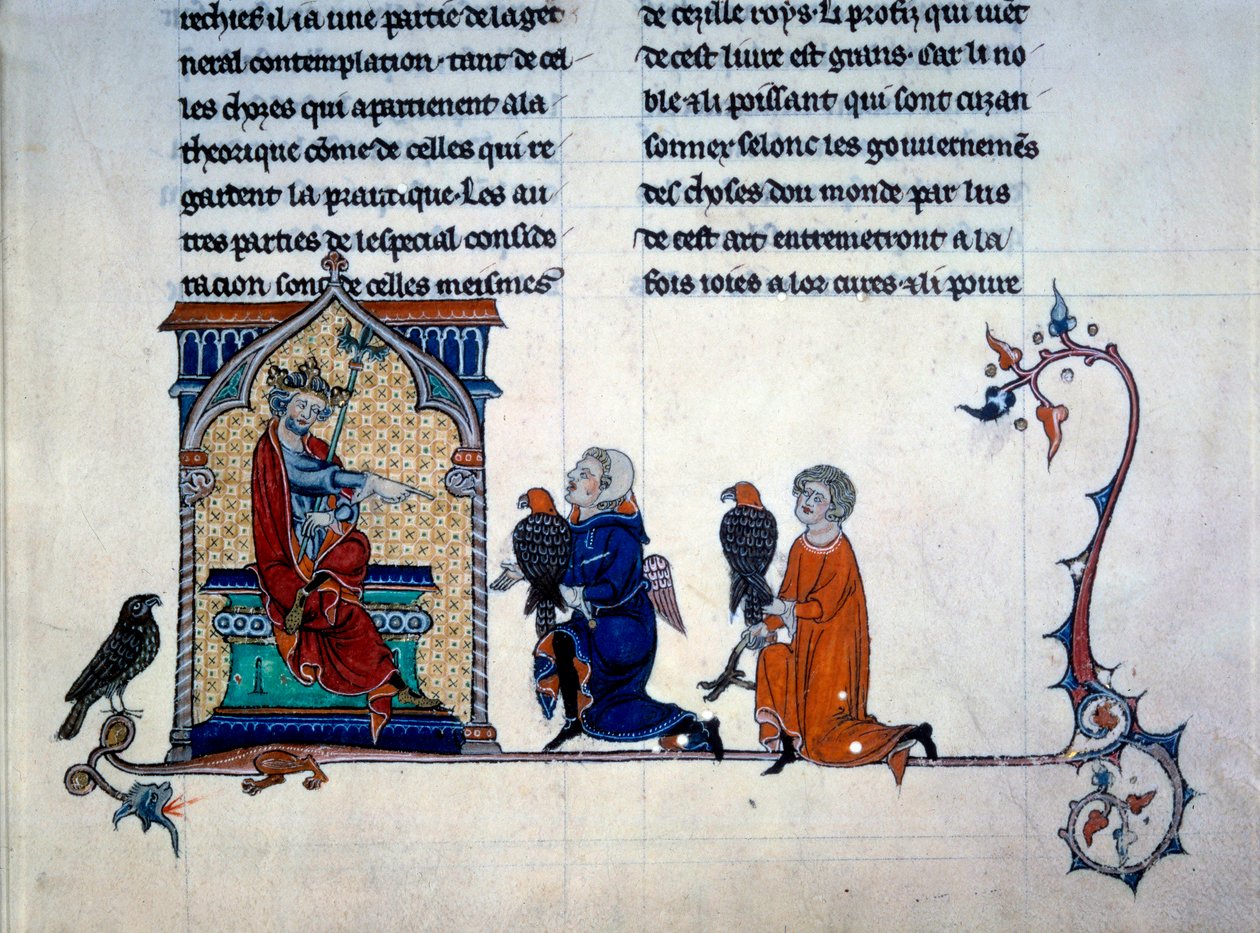 Císař Frederic II (1194-1250) přijímá miniaturní sokolníky z „Umění lovu s ptáky“ od Unknown artist