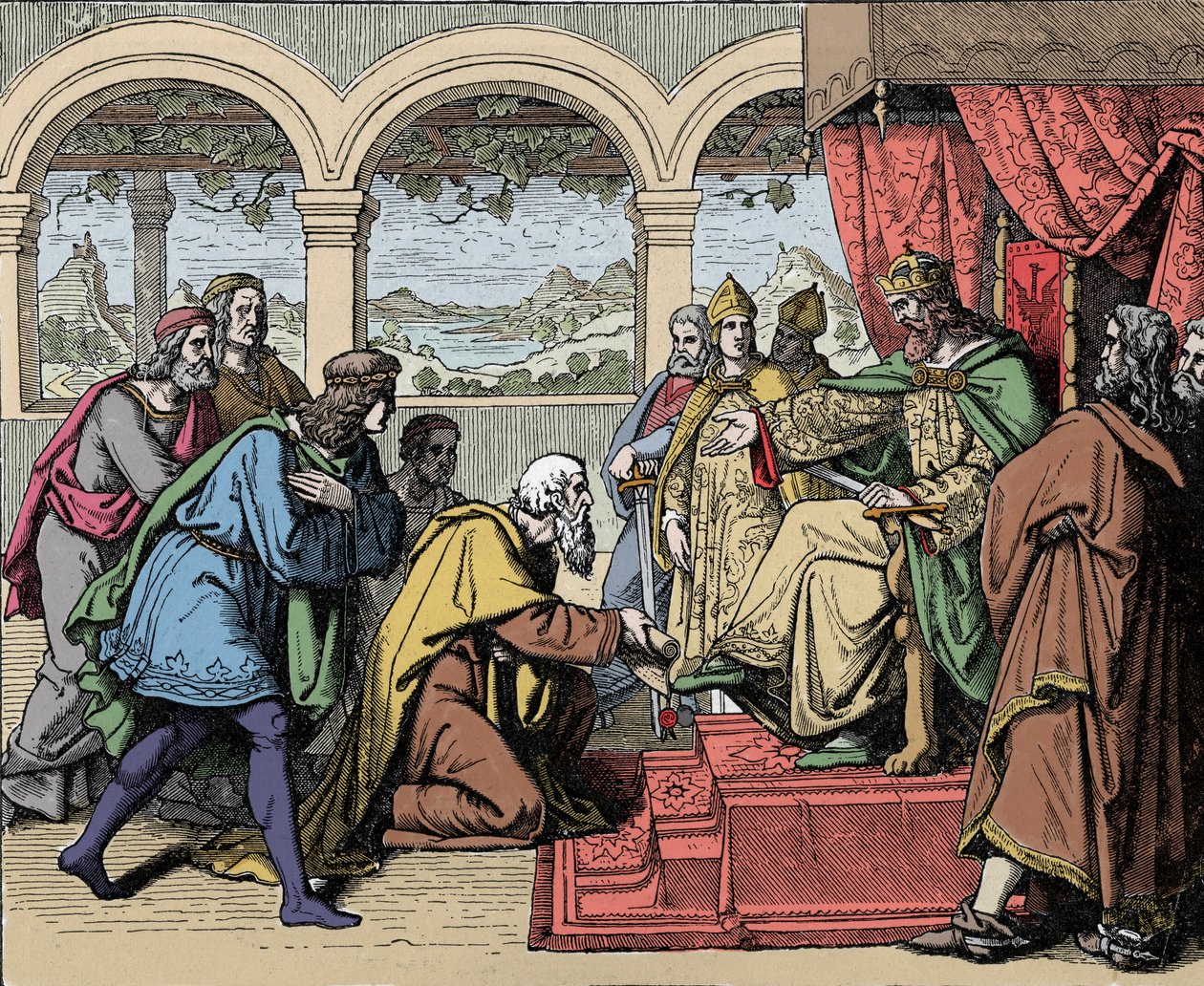 Císař Frederic I. Barberossa (1122-1190) (Frideric I. z Hohenstaufen) na své druhé cestě do Itálie v roce 1158 míjí řeku Adda a setkává se s lidmi z Lodi, kteří ho prosí, aby získal zpět jejich území (druhé italské tažení, císař Frederick Barbarossa cro od Unknown artist