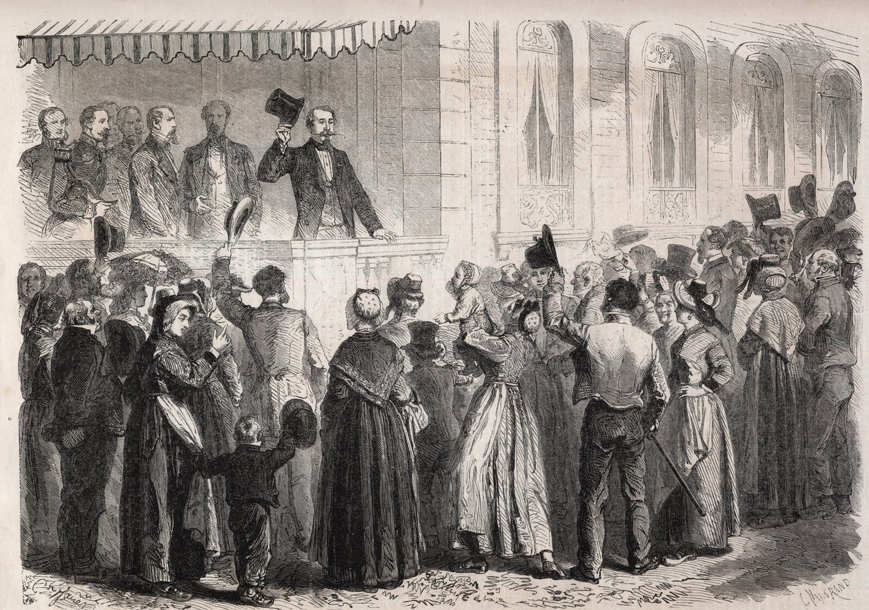 Císař Napoleon III. (1808-1873) na terase vily Strauss a Vichy, přivítán obyvateli venkova v neděli 7. července 1861 - Rytina v „“The Illustrous World““ od Unknown artist