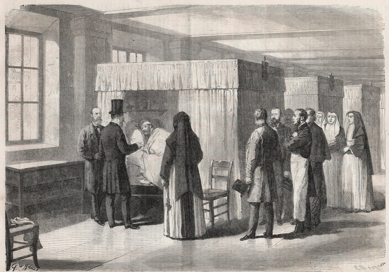 Císař Napoleon III (1808-1873) navštěvuje pokoje hotelu Dieu (Hotel-Dieu) pro pacienty s cholerou a hovoří s nimi - Rytina v „“The Illustrous World““ od Unknown artist