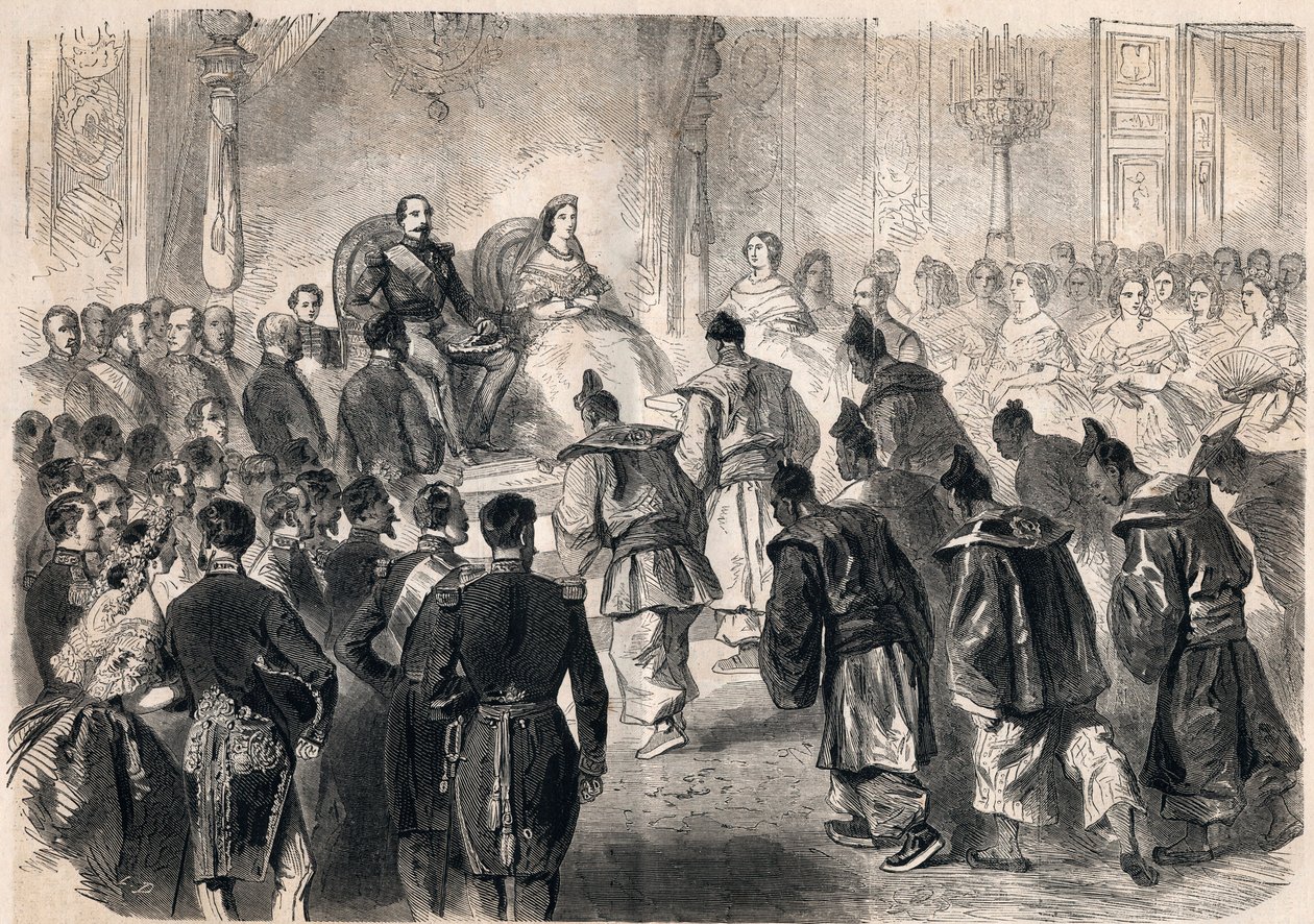 Císař Napoleon III a impress Eugenie de Montijo slavnostně přijali japonské velvyslance v Tuileries v Paříži dne 13. dubna 1862. Rytina „Le Monde illustrious““ z roku 1862. Soukromá sbírka. od Unknown artist
