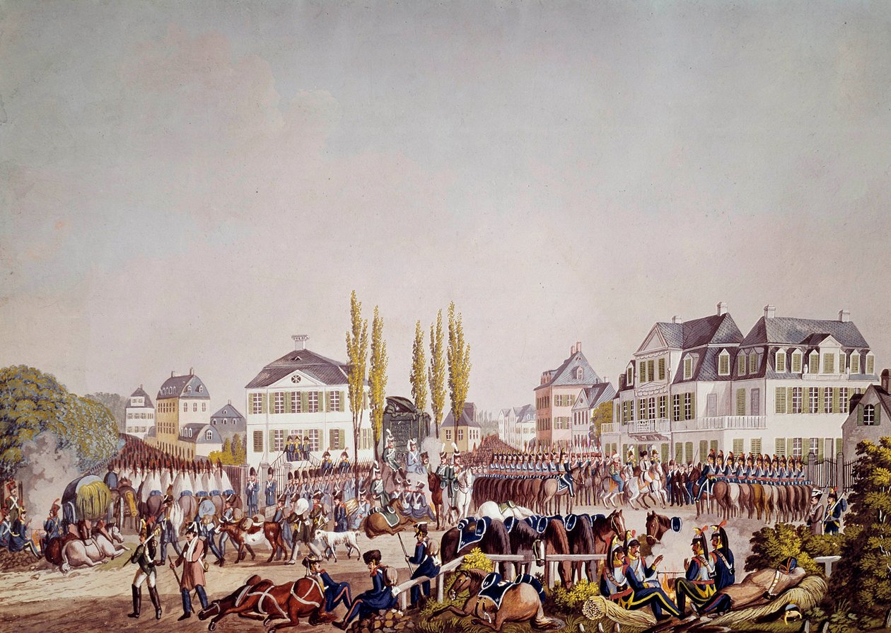 Císař Napoleon I. (1769-1821) hodnotí vojska ve Frankfurtu. Rytina z roku 1813. Frankfurt, Historické muzeum od Unknown artist