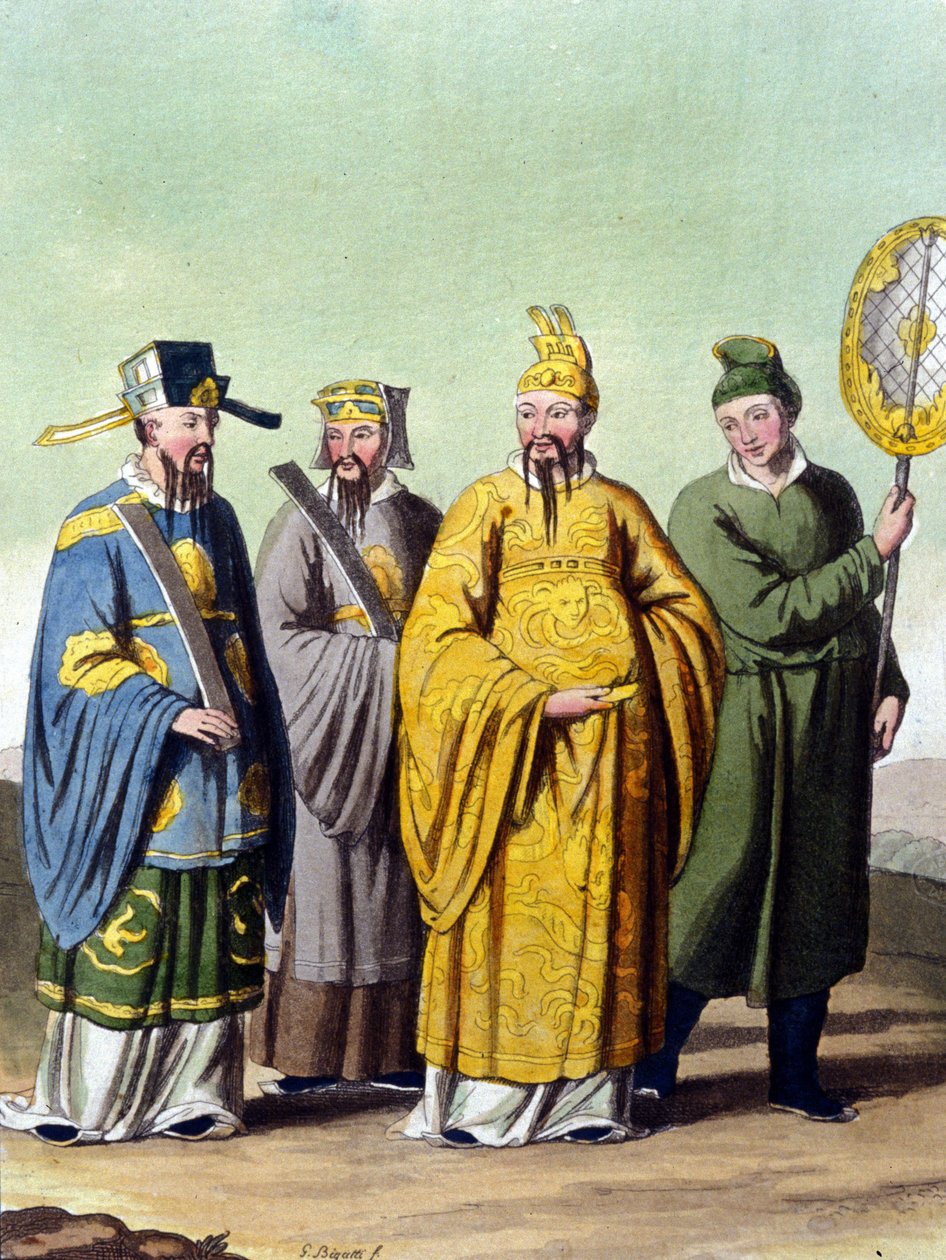 Císař Číny obklopený mandarinkami - v “Le kostýmu ancien et moderne”” od J. Ferrario, ed. Milán od Unknown artist