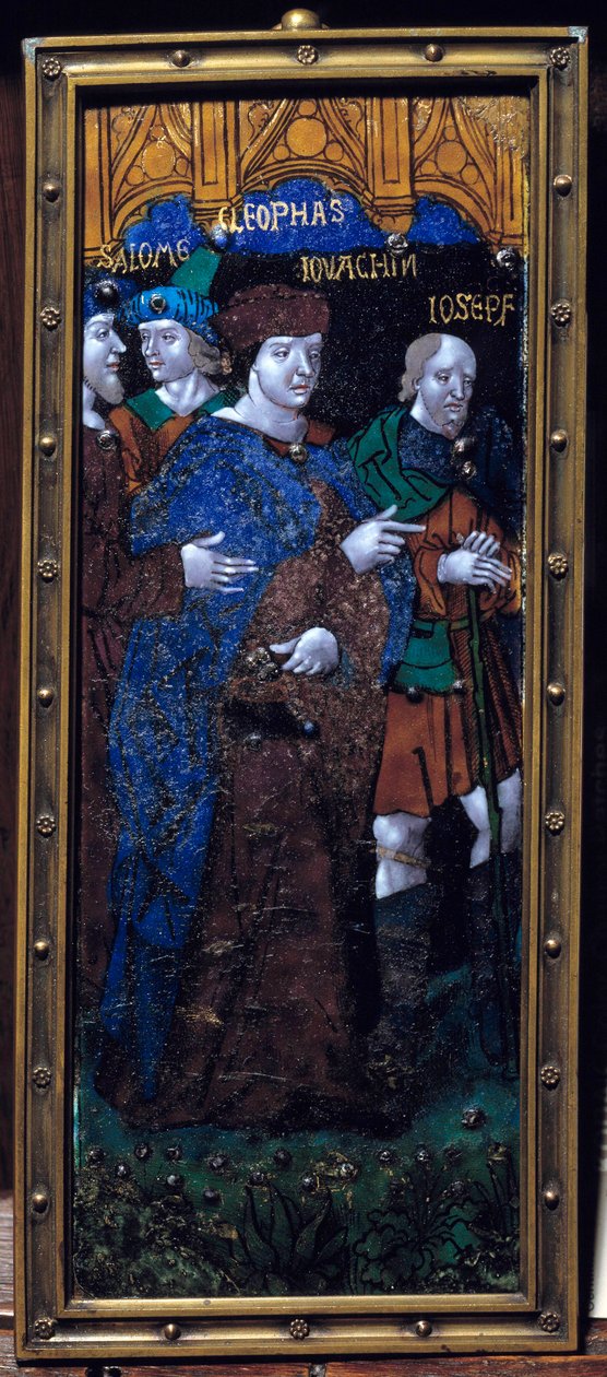 Smaltovaný talíř představující biblické postavy Salome, Kleofase, Joachima a Josefa. Email na bronzu pravděpodobně ze 16. století. Ztlumit. 0,26x0,11m. Paříž, Národní muzeum středověku, Thermes de Cluny od Unknown artist