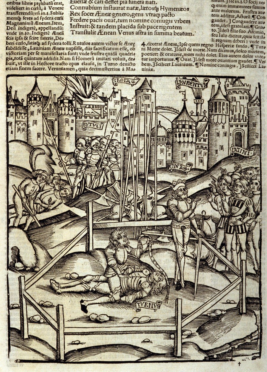 Eneide de Virgil (70 př. n. l. – 19 př. n. l.), kniha XII, trojské hrdiny Enee zabíjí v bitvě na Turnu pod očima Latinů a Rutulů. Xylografie od Sebastiana Branta (1458-1521). Štrasburk od Unknown artist