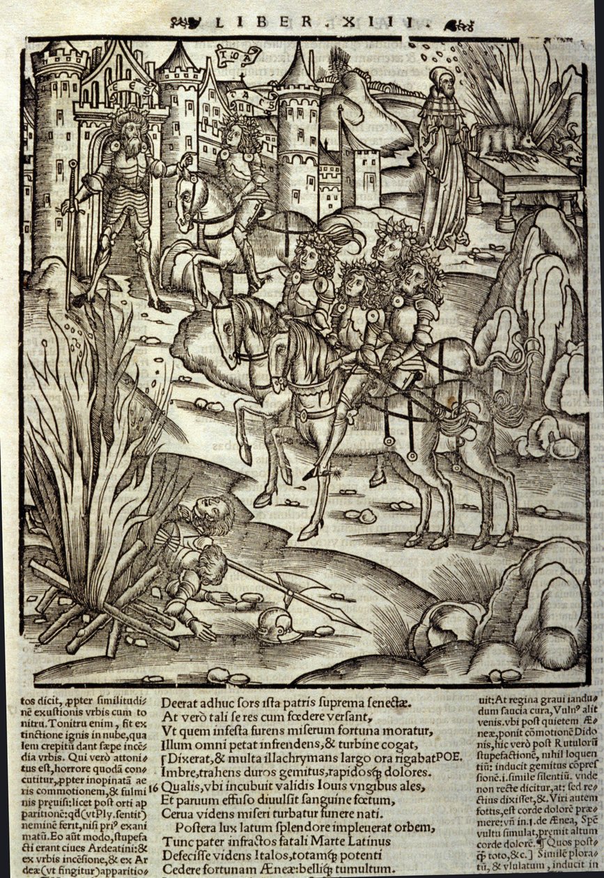 Eneide de Virgil (70 př. n. l. – 19 př. n. l.), kniha XIII (supplementum), trojští hrdinové Enee přijímá Latiny, oběti se přinášejí na počest obětí války. Xylografie od Sebastiana Branta (1458-1521). Štrasburk od Unknown artist