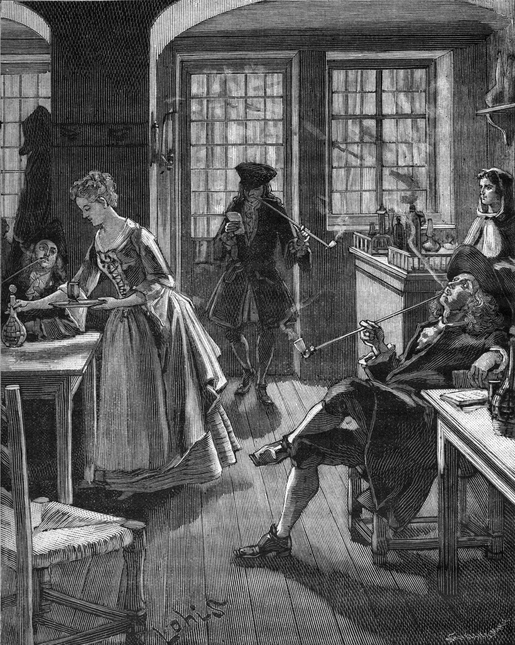 Anglie, konec 17. století: muži kouří v kavárně. Rytina 19. století. V „Histoire de France“ od Julese Micheleta od Unknown artist