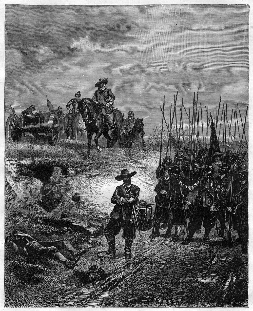 Anglické občanské války: Oliver Cromwell (1599-1658) v bitvě u Marston Moor, 2. července 1644 - Poslanci porazili monarchisty pod vedením prince Ruperta. Rytina 19. století - Oliver Cromwell v bitvě u Marston Moor dne 2. července 1644 během First Engl od Unknown artist