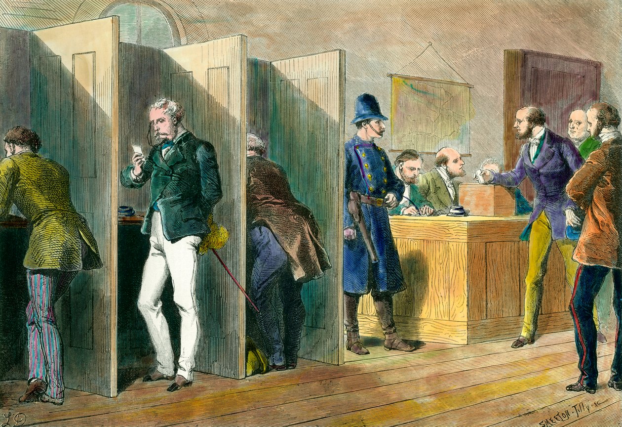 Anglická demokracie: Uvnitř volební místnosti během voleb v Anglii se zastoupením volebních místností. Rytina 19. století. Coll. Ven. od Unknown artist