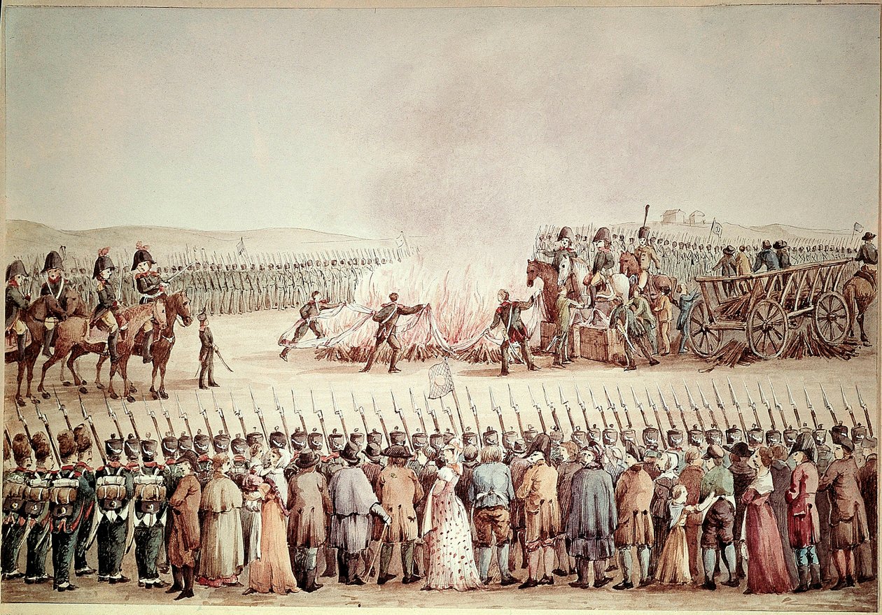 Anglické zboží bylo bruleed na příkaz Napoleona I. Bonaparte během kontinentální blokády v roce 1806. V Prvním císařství se Kontinentální blokáda nazývala Napoleonova politika zničení Spojeného království tím, že mu zabránila v obchodování s r. od Unknown artist