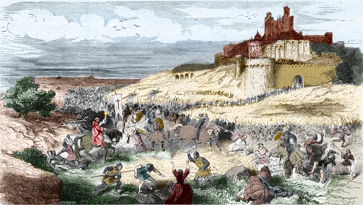 Rytina: Křížová výprava proti Cathares - Albigeois - Dobytí Beziers 21. července 1209 Simon de Montfort (Simon IV, hrabě z Montfortu) 7000 obyvatel jsou masakry a město pillee a brulee - Rytina v “” Histoire De France En Cent Paintings od od Unknown artist