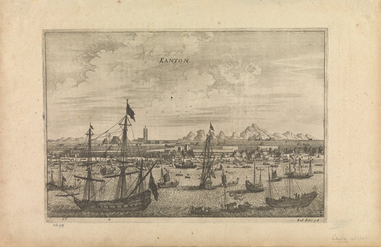 Rytina s názvem "Kanton 1655", která je umělcovým otiskem Kantonu z lodi v roce 1655. od Unknown artist