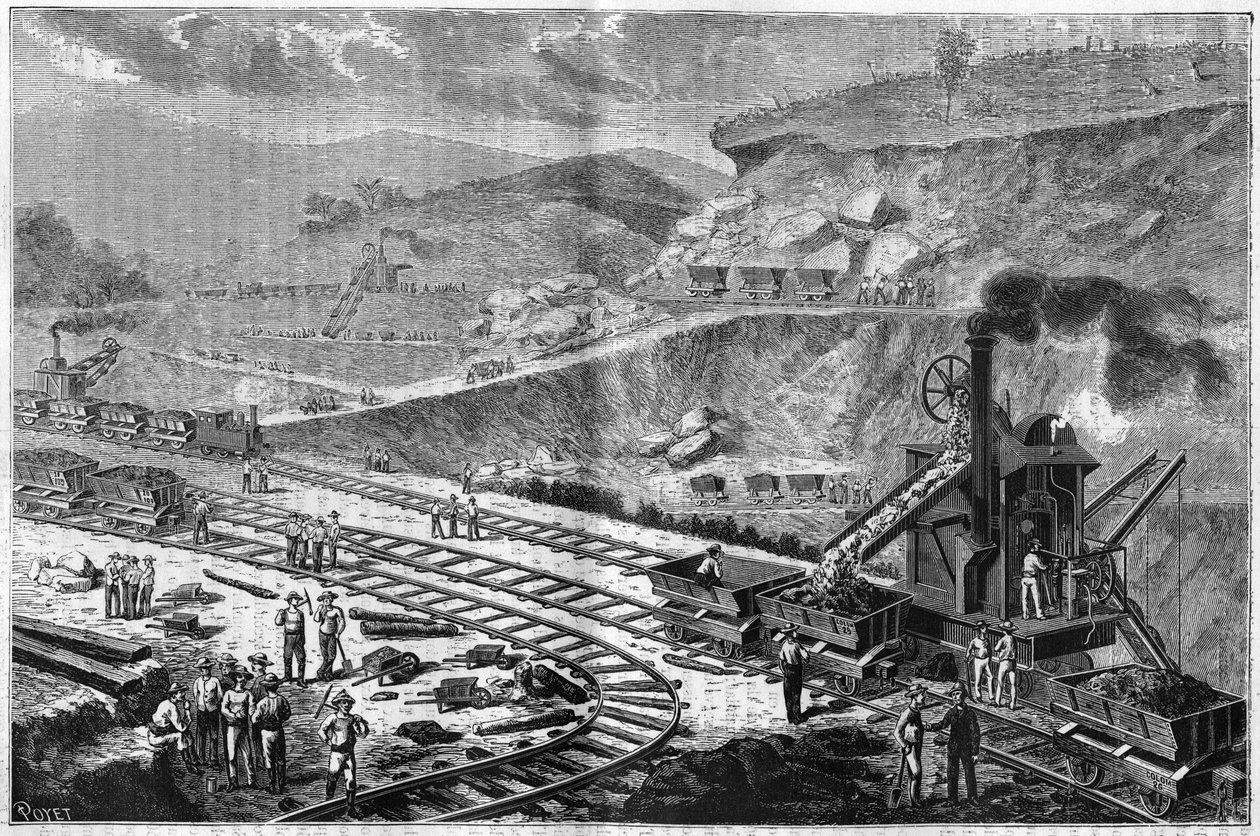Rytina z roku 1885 zobrazující práci při vrtání Panamské šíje. Pohled na jeden z útoků v loděnici Emperadora. od Unknown artist