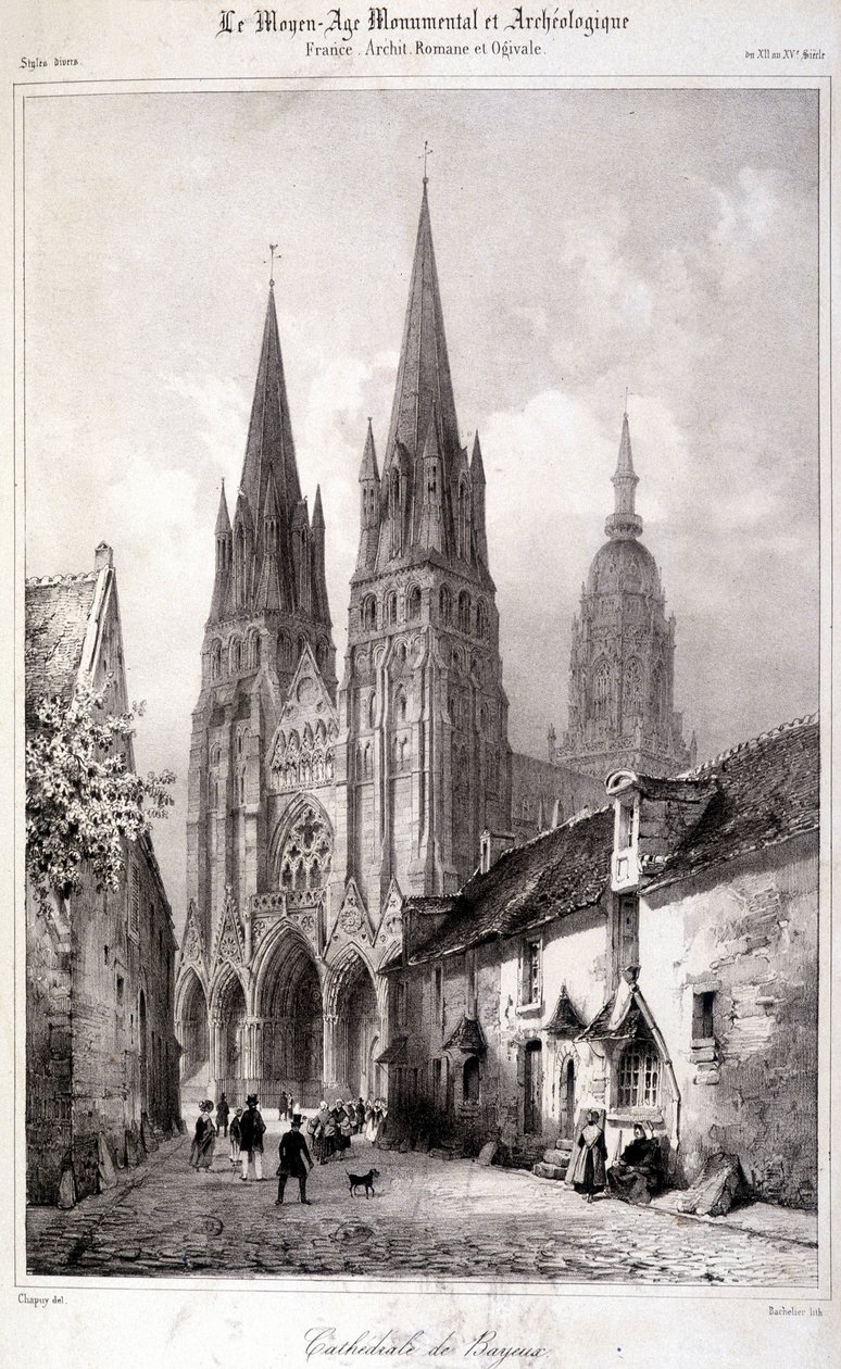 Rytina katedrály v Bayeux publikovaná v „The Monumental and Archaeological Middle Ages““. 19. století od Unknown artist