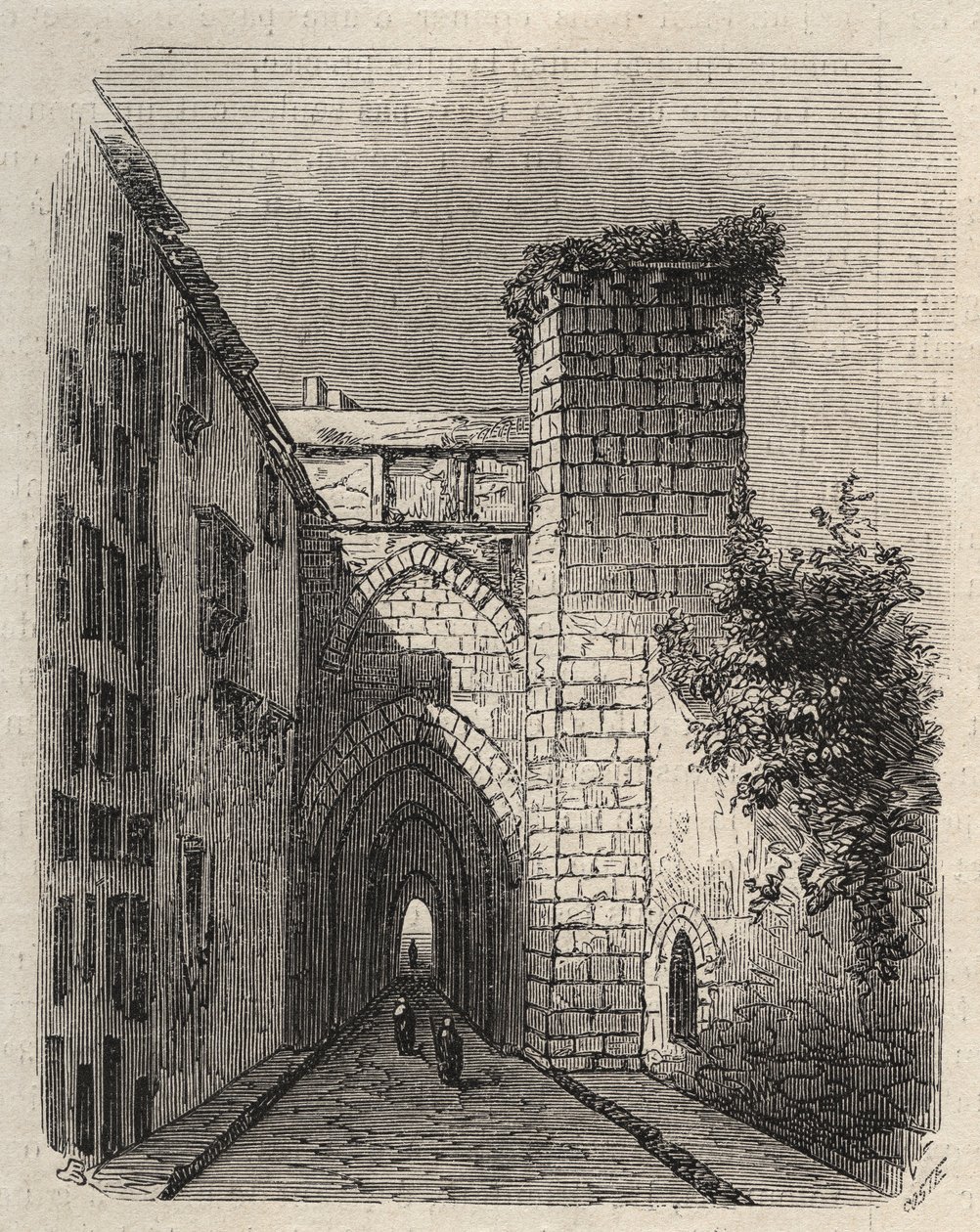 Vchod do Arabského Medrese (vyšší škola) v Jeruzalémě, kde byla pohřbena Mesha stéla chrámu – rytina v „The Illustrious World““ z ledna 1873 od Unknown artist