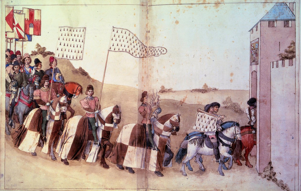 Vchod do průvodu nesoucího kormidlo a prapor vévody z Bretaně v ambitu. Rukopis „“ Zachází s formou a citacemi jako my na turnajích“ (Folio 46V-47) od Rene d