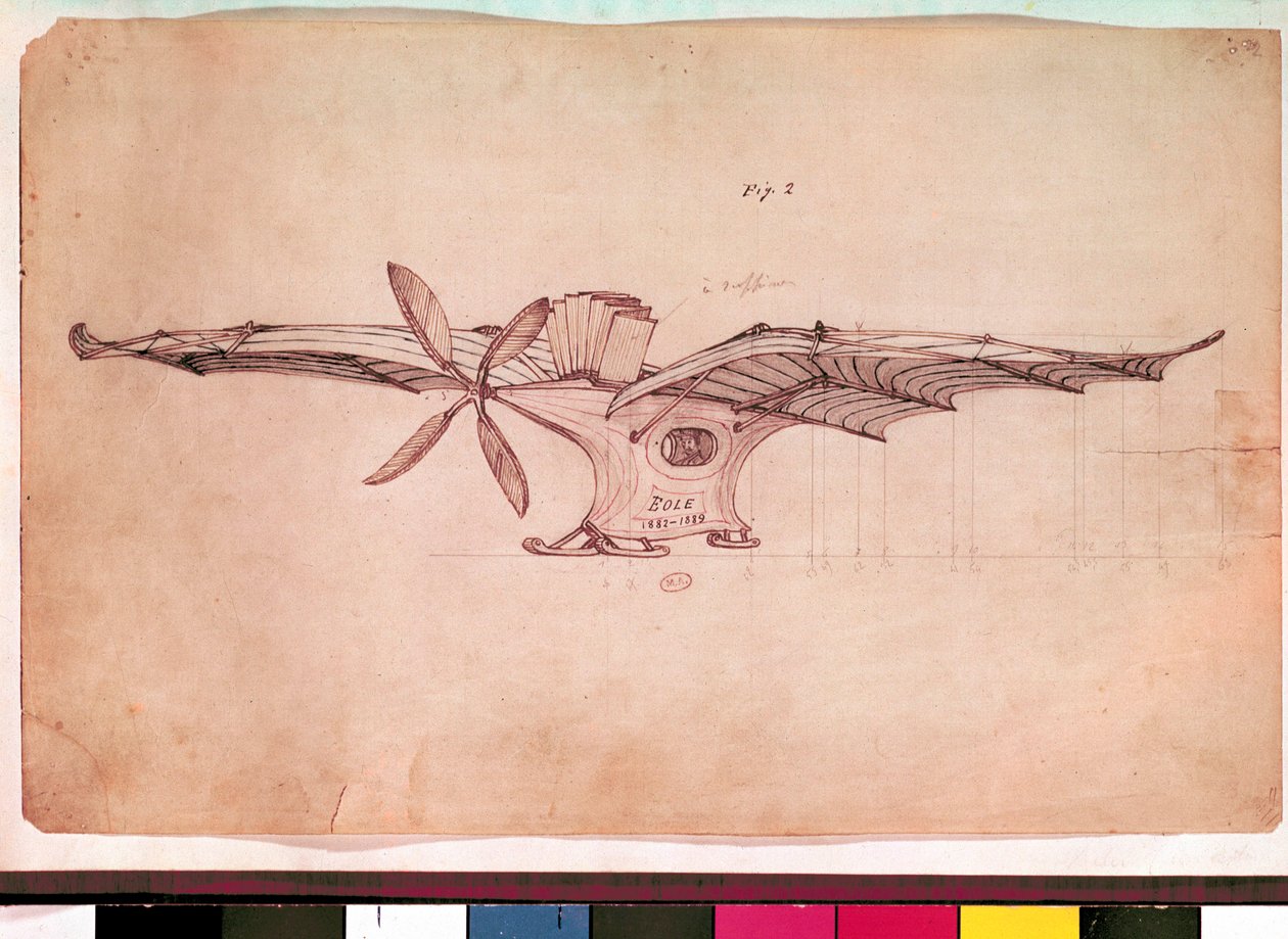 Eole létající stroj. Zastoupení letadla Clementa Adera. Anonymní kresba kolem 1882-1889. Paříž, Muzeum vzduchu od Unknown artist