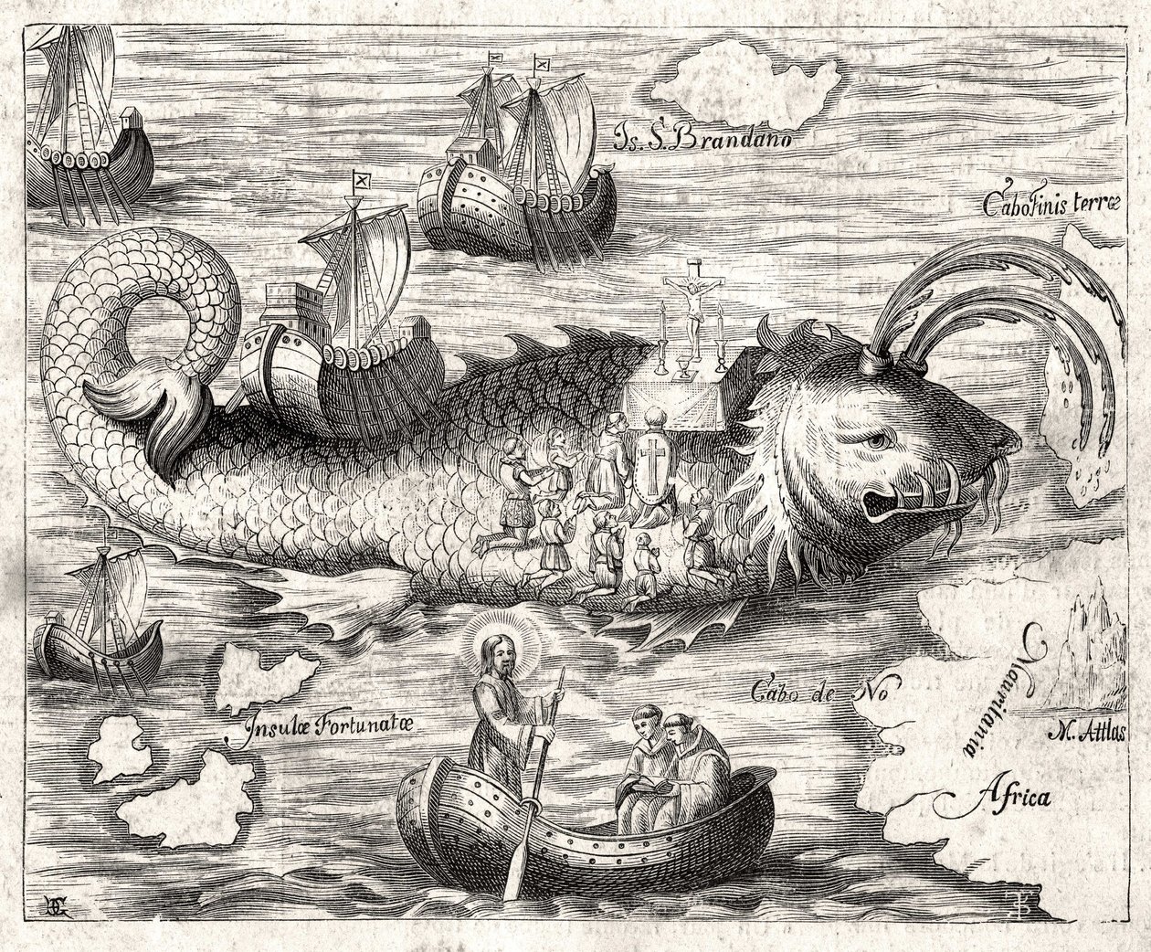 Episode of the Legend of Saint Brandan (Brendan): fantastická cesta irského opata ze 6. století za hledáním pozemského ráje. Tisk z roku 1621. od Unknown artist