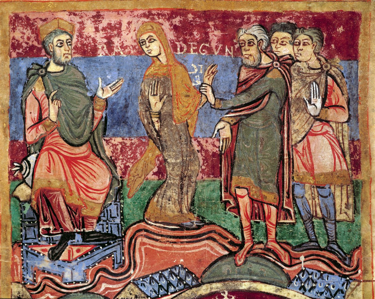 Epizoda ze života svaté Radegondy (Radegundis) z Poitiers (519-587), manželky Clotaire I., krále Franků: Radegonde vede král Clotaire I. Miniatura z rukopisu z 11. století. Městská knihovna v Poitiers. od Unknown artist