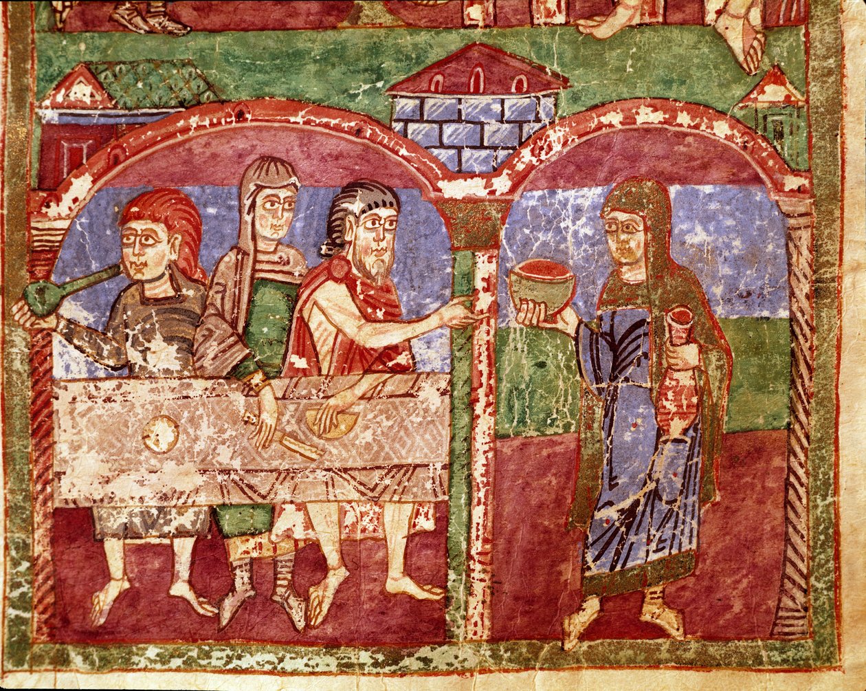 Epizoda ze života Sainte Radegonde (Radegundis) de Poitiers (519-587), manželky Clotaire I., krále Franků: Radegonde během své charitativní činnosti slouží u stolu chudých. Miniatura z rukopisu z 11. století. Městská knihovna v Poitiers od Unknown artist