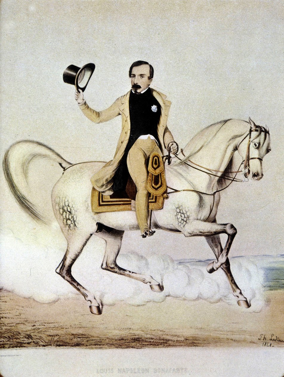 Jezdecký portrét Ludvíka Napoleona Bonaparte (Louis-Napoleon III.) v civilu v roce 1848. od Unknown artist