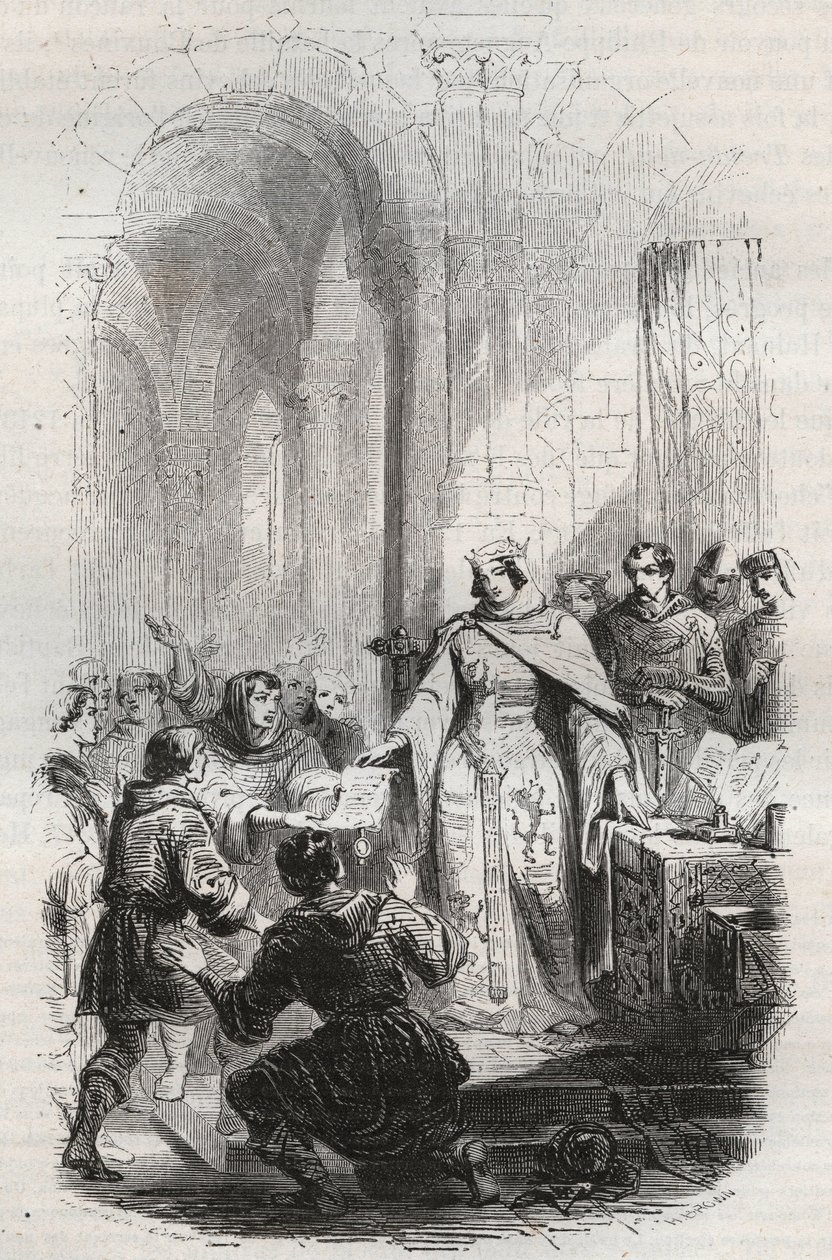Ermesinde, hraběnka z Lucemburska - Listina poštovného udělená Ermesinde Iere Lucemburskou obyvatelům Lucemburska v roce 1243 - Rytina z roku 1868 v „Dějinách Belgie od primitivních dob do konce Leopolda I“ od Theodora Justeho (1818-1888) - od Unknown artist