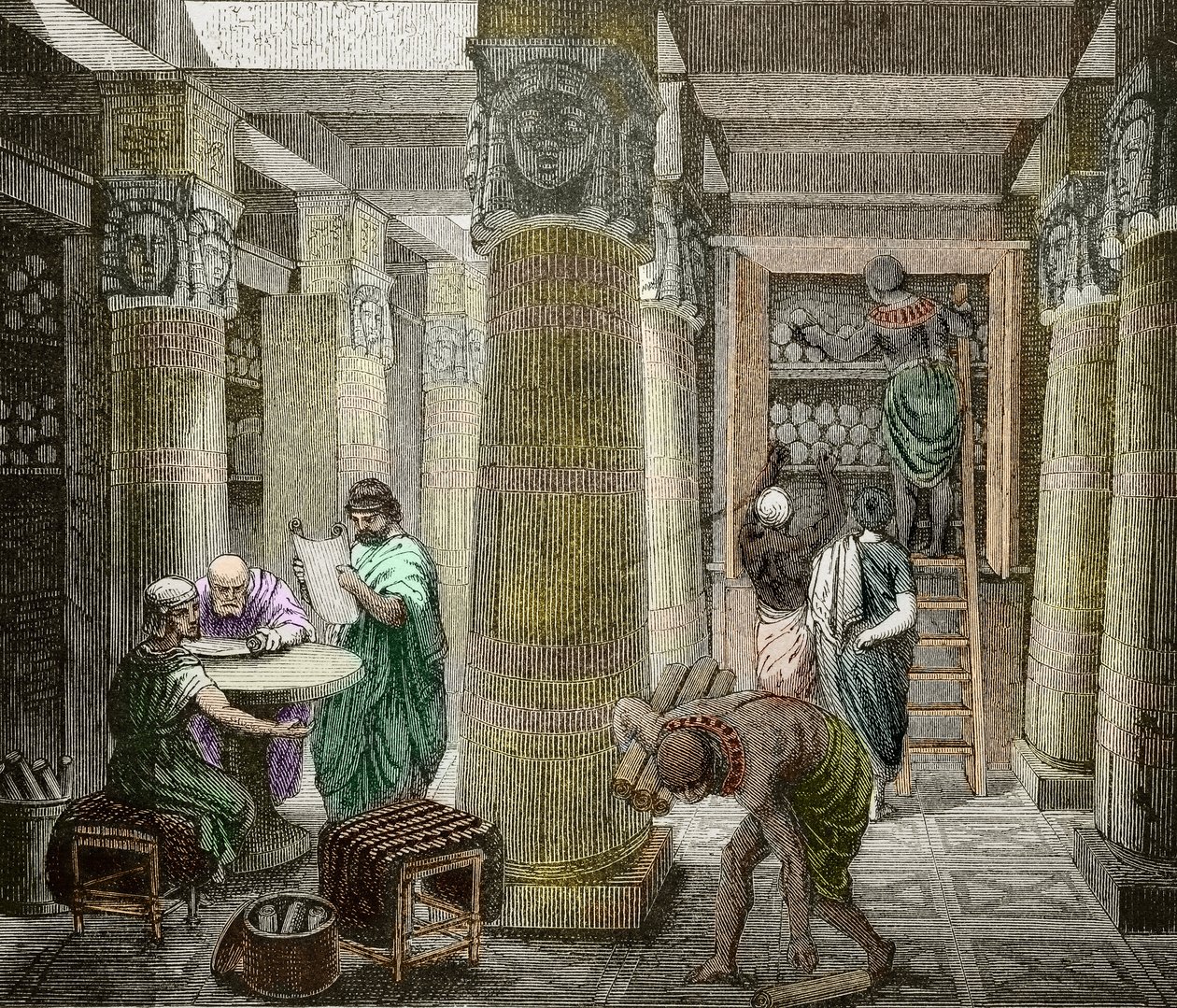 Erudité v Alexandrijské knihovně, zničené v roce 642, Egypt) (Pohled na knihovnu Alexandrie, Egypt) 19. století (rytina) od Unknown artist