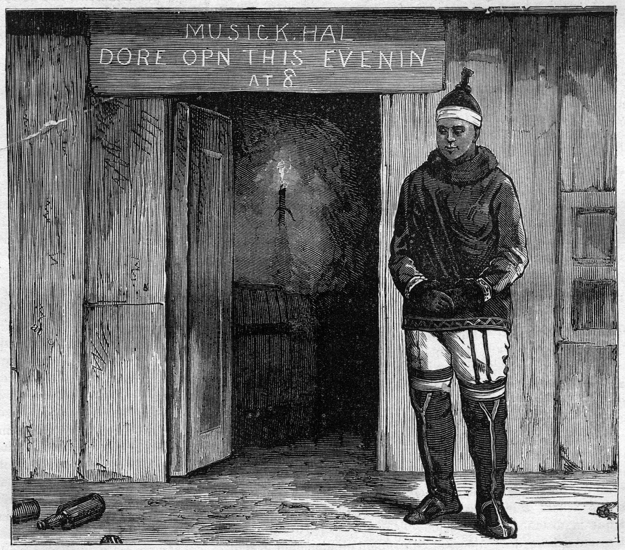 Eskymák z ostrova Disko (Qeqertarsuaq) Grónsko na konci 19. století. rytina z roku 1884 od Unknown artist
