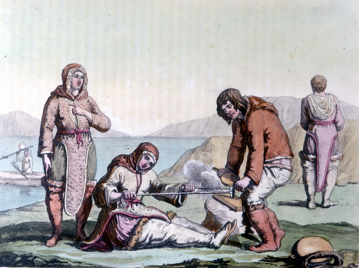 Eskymáci zapalují oheň třením kusů dřeva. od Unknown artist