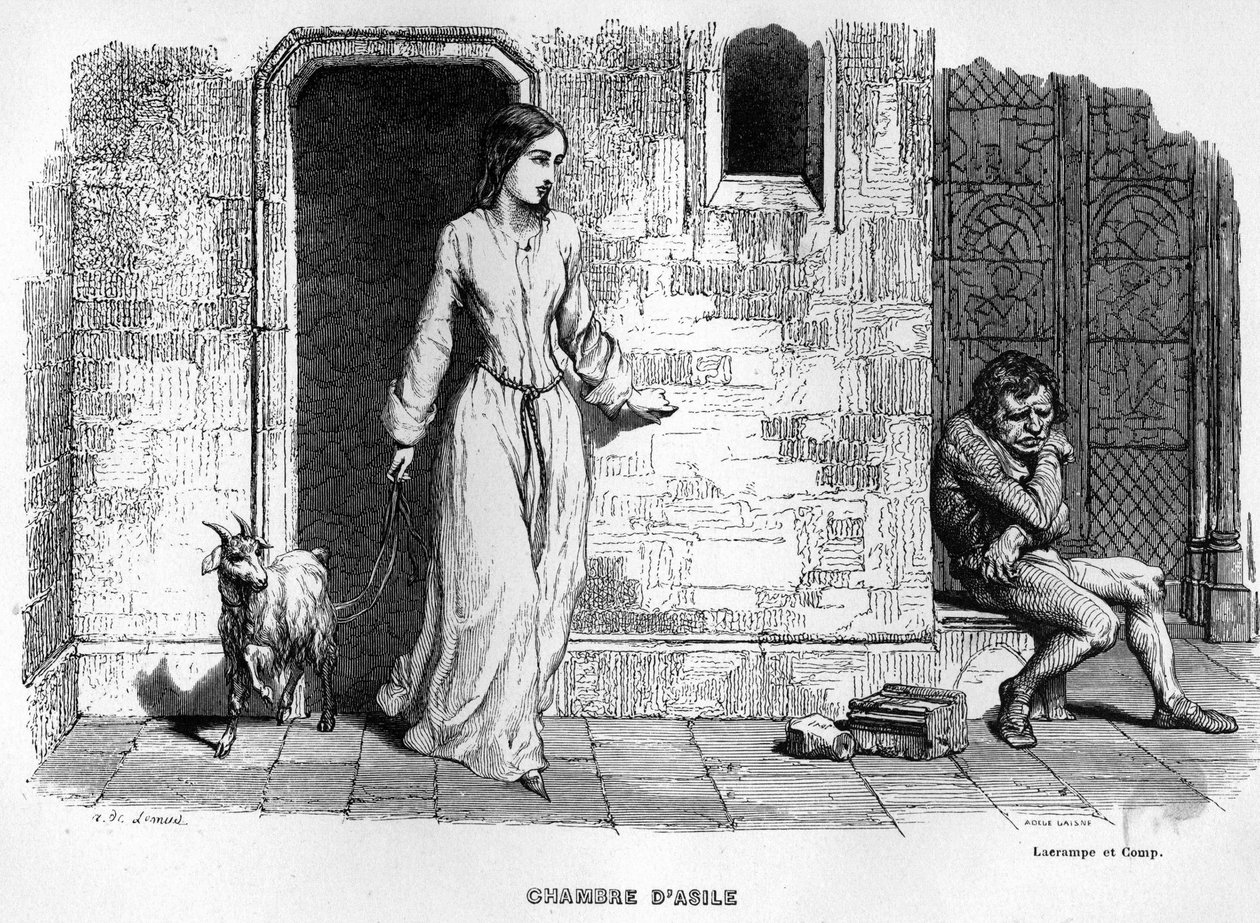 Esmeralda se setkává s Quasimodem - v Notre Dame de Paris. od Unknown artist