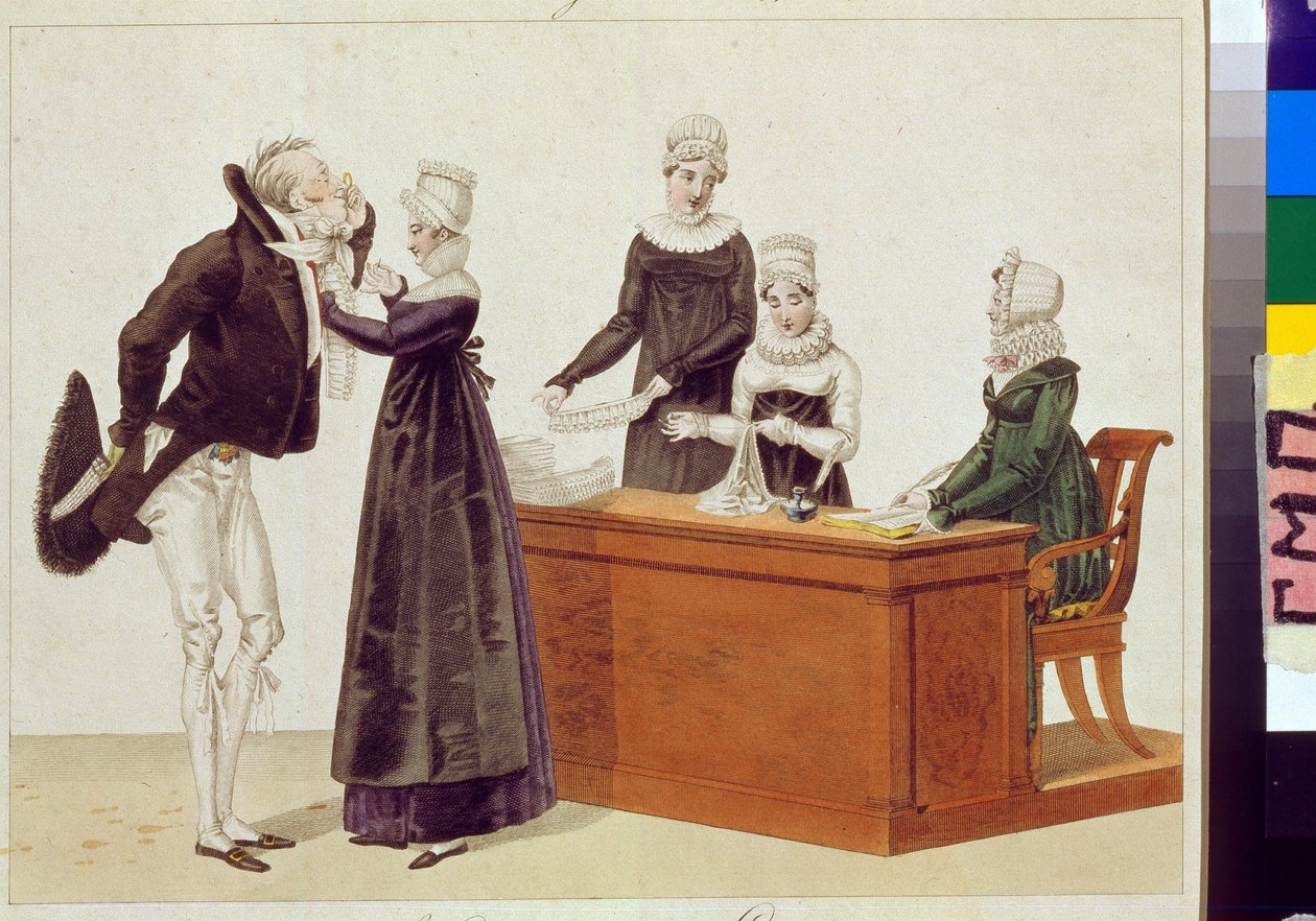 Zkouška oříznutí. Anonymní dílo, akvarel na papíře, kolem roku 1815. Karikatura 19. století. Státní muzeum A.S. Puškina, Moskva. od Unknown artist
