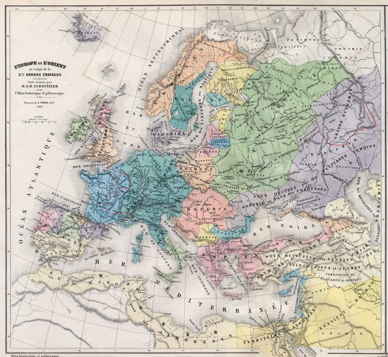 Evropa a Orient v době 3. velké křížové výpravy na konci 13. století - Mapu připravil M J-H Schnitzler, Historický a malebný atlas 1858 od Unknown artist