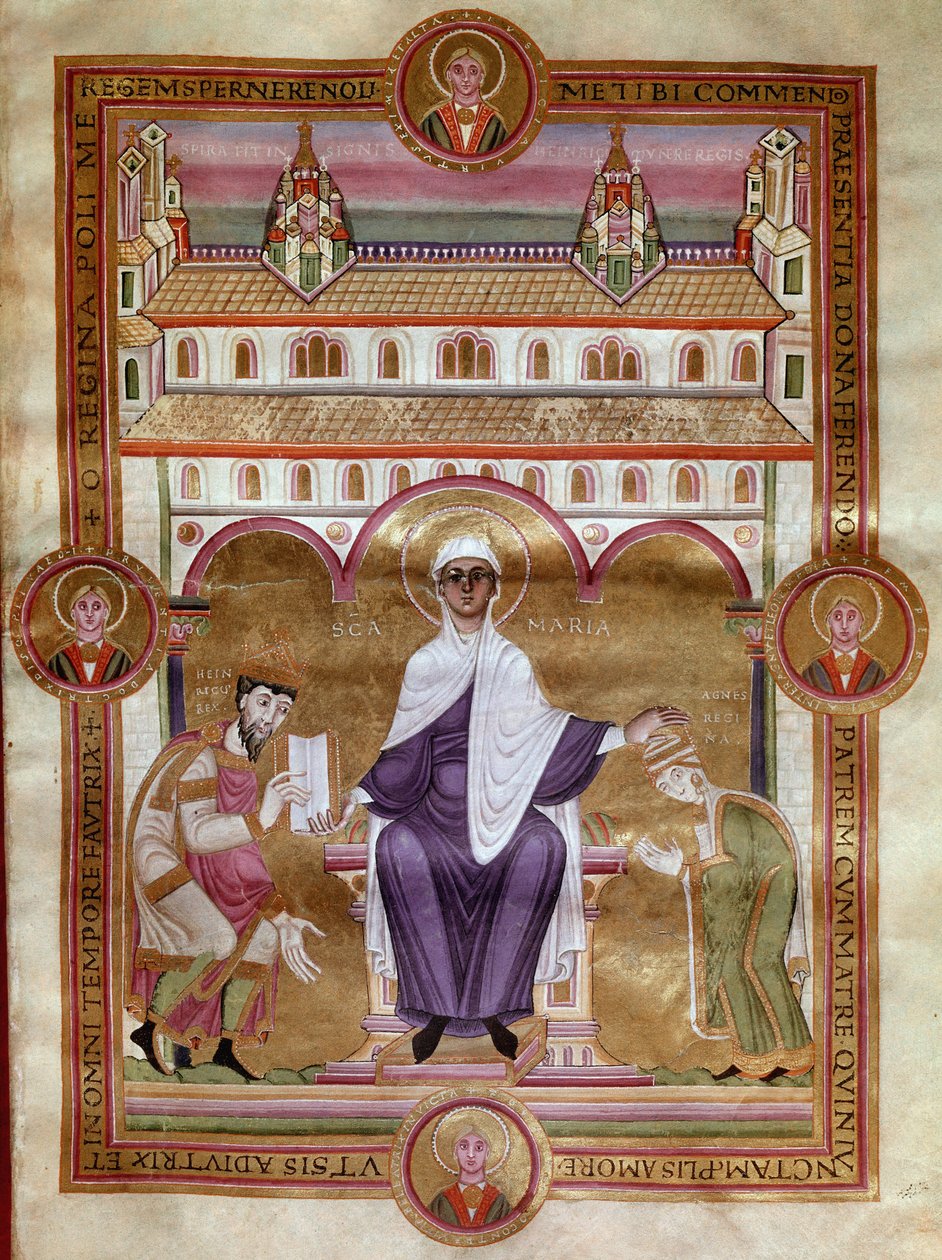 Evangelická stránka (Zlatá bible) císaře Jindřicha III. říká, že černá (1017-1056) představuje klečení s jeho manželkou Agnes d