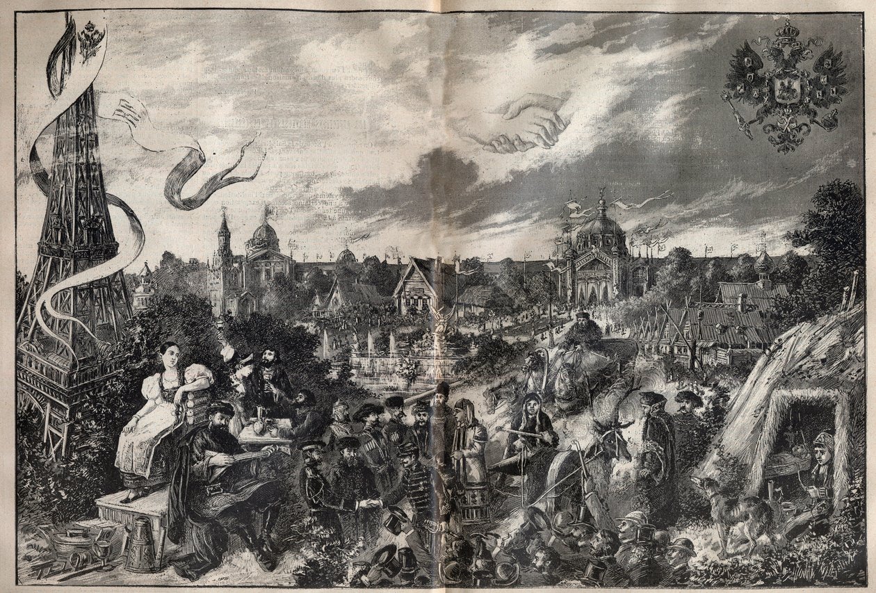 Evokace přátelství mezi Francií a Ruskem a ruská výstava, která se bude konat v roce 1892 na Champ de Mars v Paříži - Rytina v „“La Science francaise““ od Unknown artist