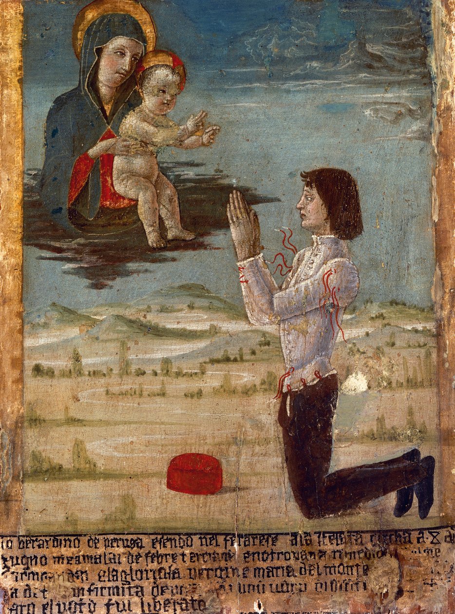 Ex-voto zobrazující Madonu s dítětem s mužem na kolenou, který se modlí, opatství St Maria del Monte, Cesena, Emilia-Romagna, Itálie od Unknown artist
