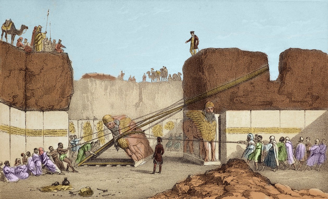 Vykopávky Ninive (Nineveh) - ruiny Nimrud (Nimroud) od Henriho Layarda (po jeho cestě do Mezopotámie v 19. století); výměna velkého býčího křídla - Zásilka okřídleného býka z Nimrudu během vykopávek sira Austena Henryho od Unknown artist