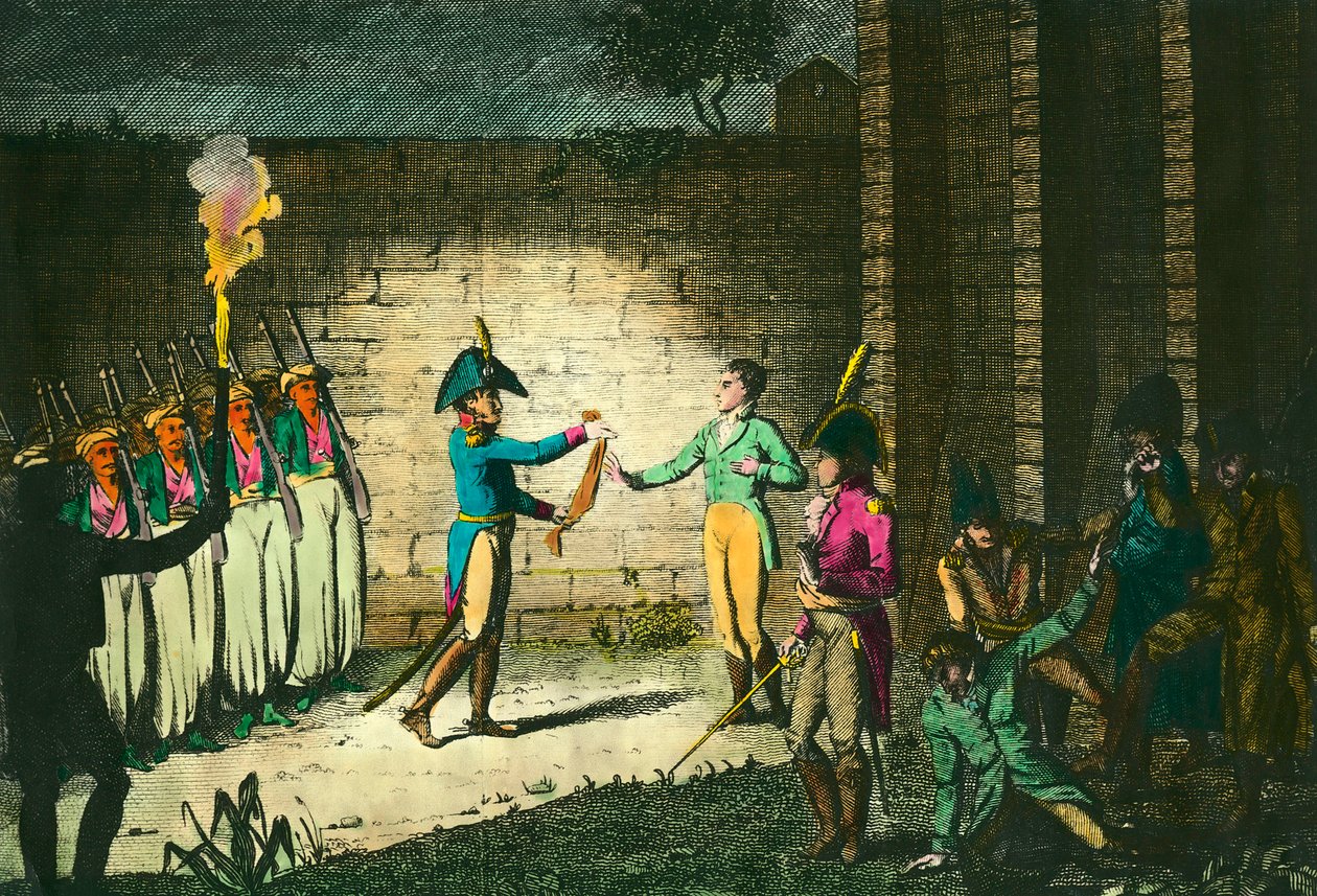 Poprava Louise de Bourbon, vévody z Enghien (1772-1804) dne 21. března 1804 ve Vincennes, podezřelá bez důkazu o spiknutí proti prvnímu konzulovi Napoleonovi Bonapartovi. Rytina kolem roku 1804. Soukromá sbírka od Unknown artist