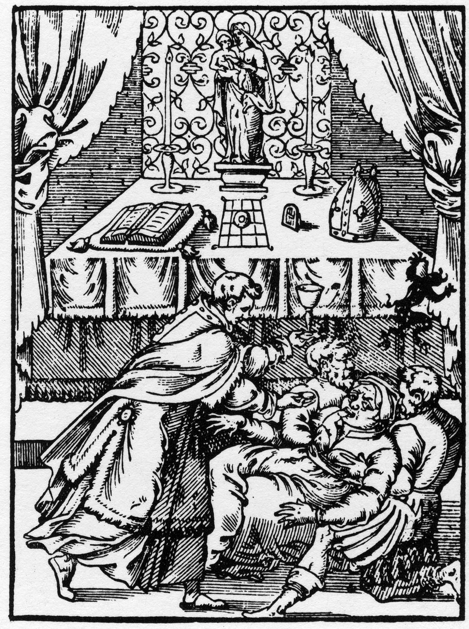 Exorcismus: Démon opouští tělo čarodějnice, zatímco mu kněz nabízí přijímání - rytina „” Podivuhodných příběhů” od Pierra Boaistuaua od Unknown artist
