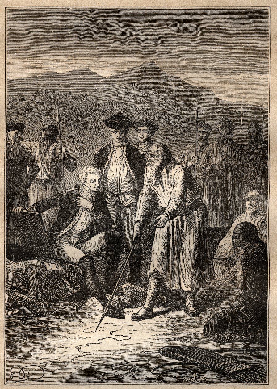 Expedice Kolem světa (1785-1788) od Jeana Francoise Galaupa de La Perouse (1741-1788): námořníci se vylodili na ostrově Saghalia (Sachaline) se setkali se starým mužem, který jim nakreslil mapu Tartarie - ilustrace převzata z „Velké Námořníci z 18. stol od Unknown artist