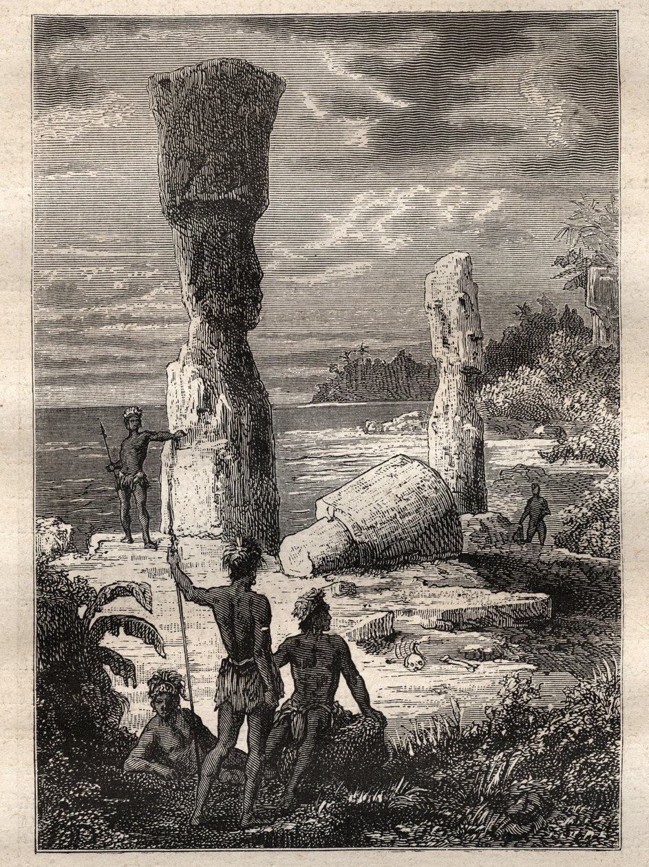 Expedice kolem světa (1785-1788) Jeana Francoise Galaupa de La Perouse (1741-1788): domorodci z Velikonočního ostrova při pohledu na monumentální sochy (Moai) - ilustrace převzata z „Velkých námořníků 18. století““ od Unknown artist