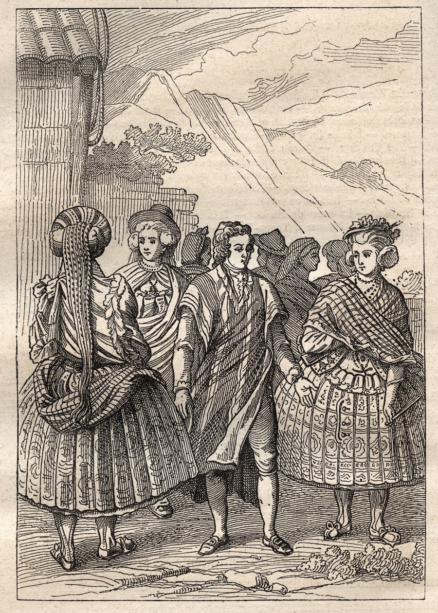 Expedice kolem světa (1785-1788) Jeana Francoise Galaupa de La Perouse (1741-1788): kostýmy obyvatel Concepcionu (Chile) - ilustrace převzata z „Velkých námořníků 18. století““ od Unknown artist