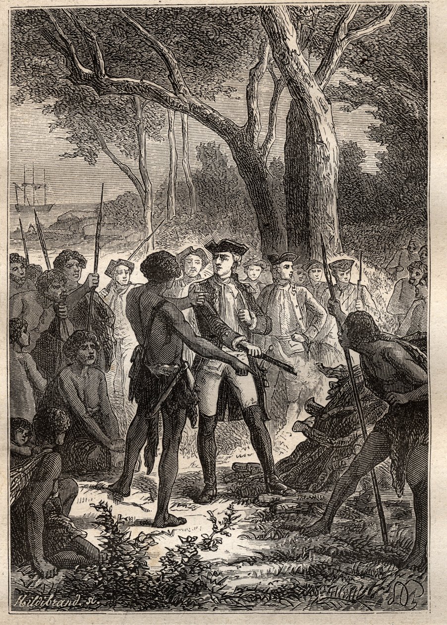 Expedice Nicolase Thomase Marion-Dufresne (Marion Dufresne) (1729-1772): Marion se vylodila v zátoce Fredericka Henryho (Tasmánie) a byla jí nabídnuta brandon zapálená domorodými lidmi – ilustrace převzata z „Velkých námořníků 18. století““ od Unknown artist