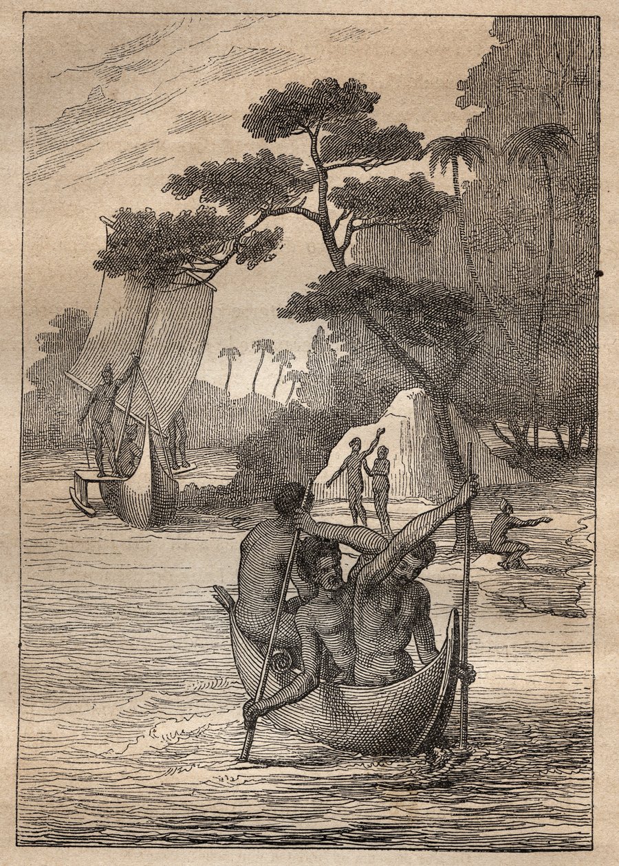 Expedice Nicolase Thomase Marion-Dufresne (Marion Dufresne) (1729-1772): kánoe z ostrovů Admiraut (Bismarckovo souostroví, Papua Nová Guinea) - ilustrace převzata z „“Velcí námořníci 18. století“““ od Unknown artist