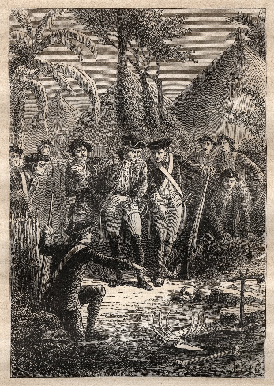 Expedice Nicolase Thomase Marion-Dufresne (Marion Dufresne) (1729-1772): při hledání Marion a jejich zmizelých kamarádů objeví námořníci lebku a lidské ostatky ve vesnici Tacouri (ostrov Matuaro, Nový Zéland) - ilustrace převzata z “ Gr od Unknown artist
