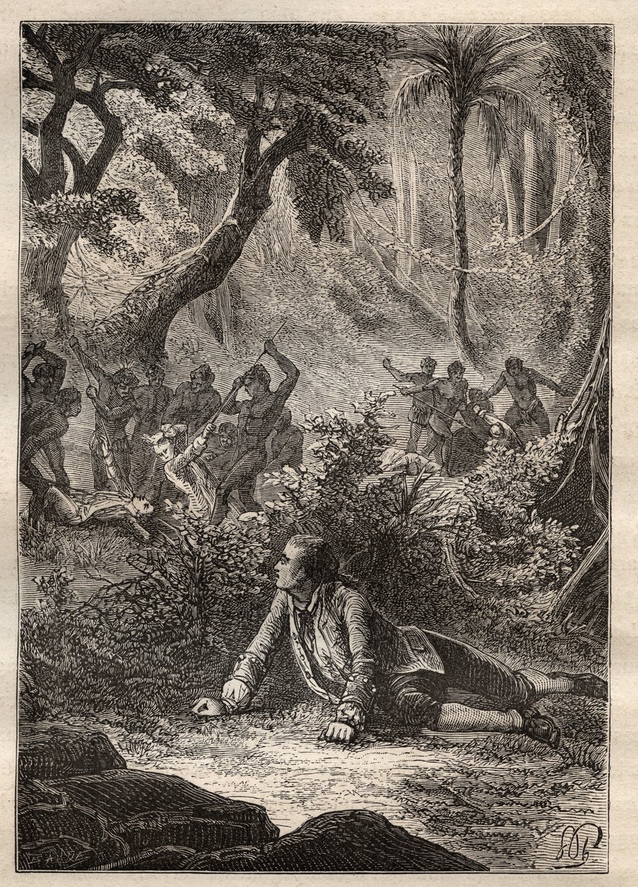 Expedice Nicolase Thomase Marion-Dufresne (Marion Dufresne) (1729-1772): jediný přeživší námořník byl svědkem masakru všech svých kamarádů, včetně Marion, domorodci z Assassins Bay (ostrov Matuaro, Nový Zéland) - ilustrace převzata z “ G od Unknown artist
