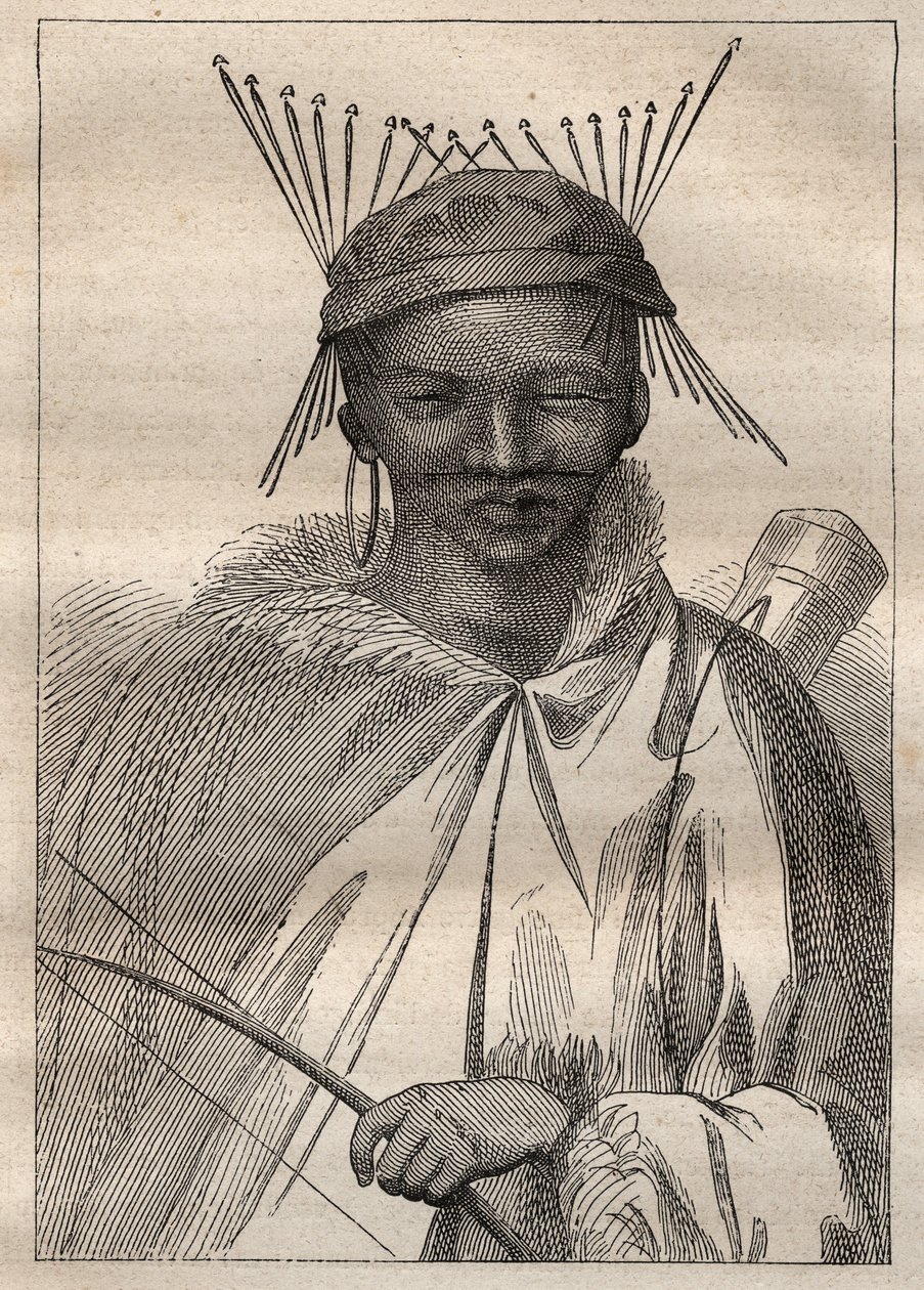 Expedice do nitra zemí Jižní Afriky (1775) Anderse Sparrmana (1748-1820): boschiman (Bochiman nebo San, pocházející z jižní Afriky) - ilustrace převzata z „Velkých námořníků 18. století““ od Unknown artist