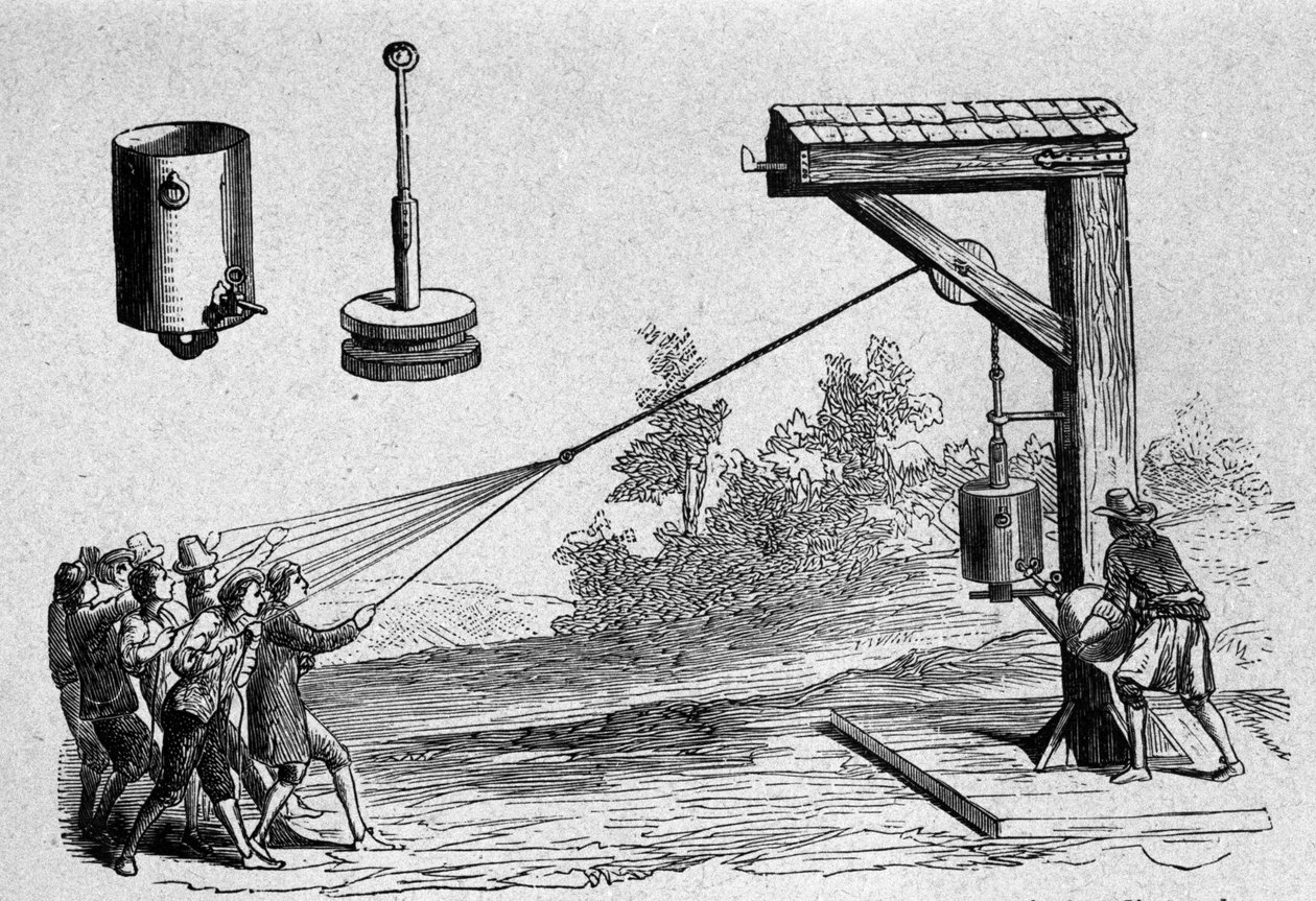 Zkušenosti provedené za přítomnosti prince Auerberga na pneumatickém vakuu německým vědcem Otto von Guericke k výpočtu atmosférického tlaku v roce 1654 Deska převzata z „Ottonis de Guericke: Experimenta Nova Magdeburgica de vacuo spatio“ od O. od Unknown artist