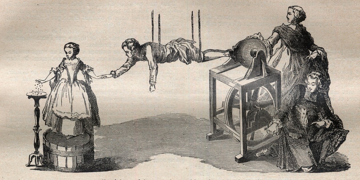 Zkušenosti s elektrickým strojem Francis Hauksbee starší (1666-1713) - Gravírování v „“La Science francaise““ od Unknown artist